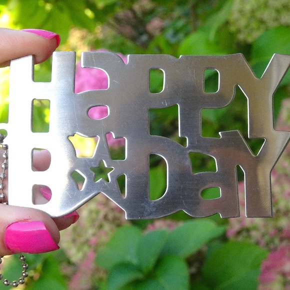 Happy BDay Bubble Letter Sign Silver Metallic Ball Chain Novelty Keychain :) - Picture 2 of 6